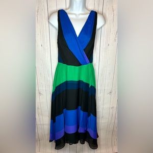 DKNY Dress Women’s Size 6 Blue Green Color Block V-neck Asymmetrical Maxi
